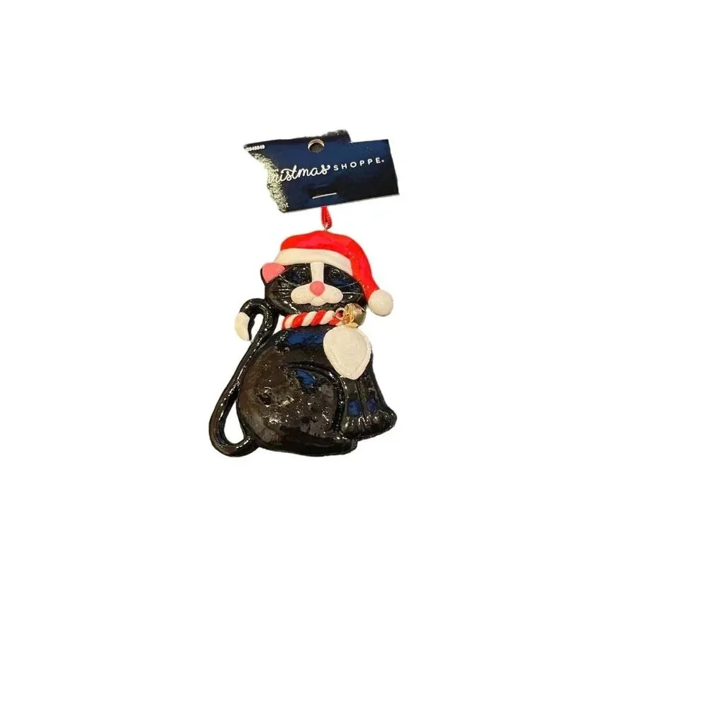 Santa Black Cat Kitten Kitty Christmas Holiday Ornament Hat Bell Polymer Clay
